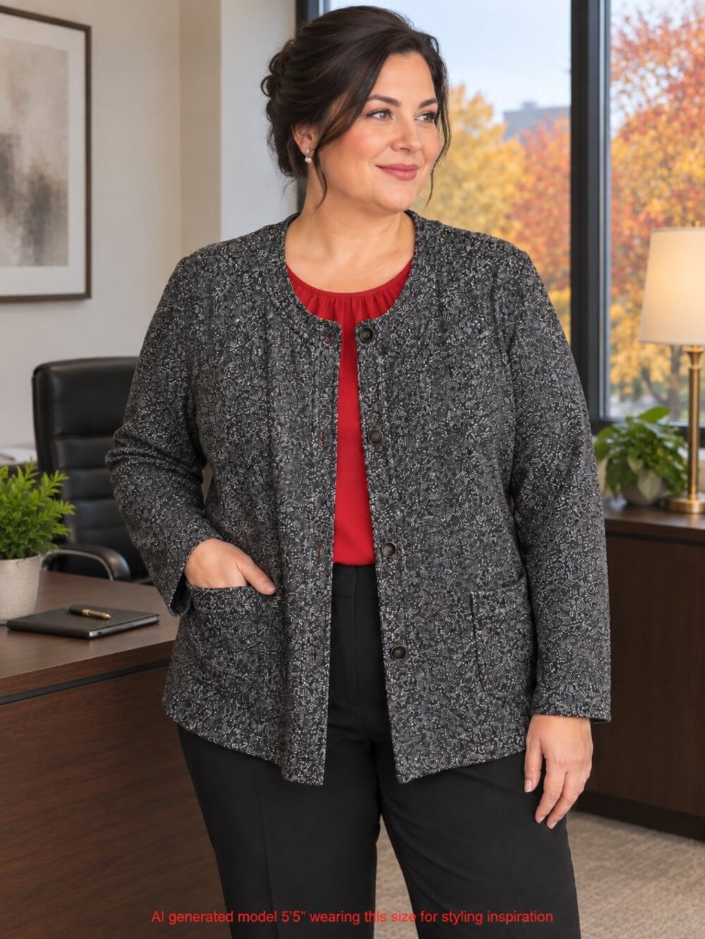 Talbots 16W Black Heather Sweater Blazer Collarless Textured Jacket